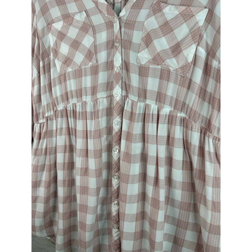 Torrid Babydoll Blouse Pink White Plaid V-Neck Plus Size 1 Lightweight - Picture 7 of 11